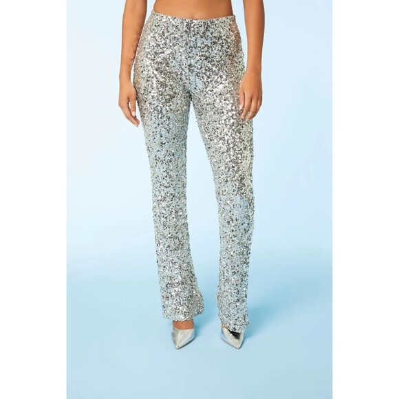 FOREVER 21 Sequin Flare Pants in Silver Size Small NWT - Picture 1 of 8